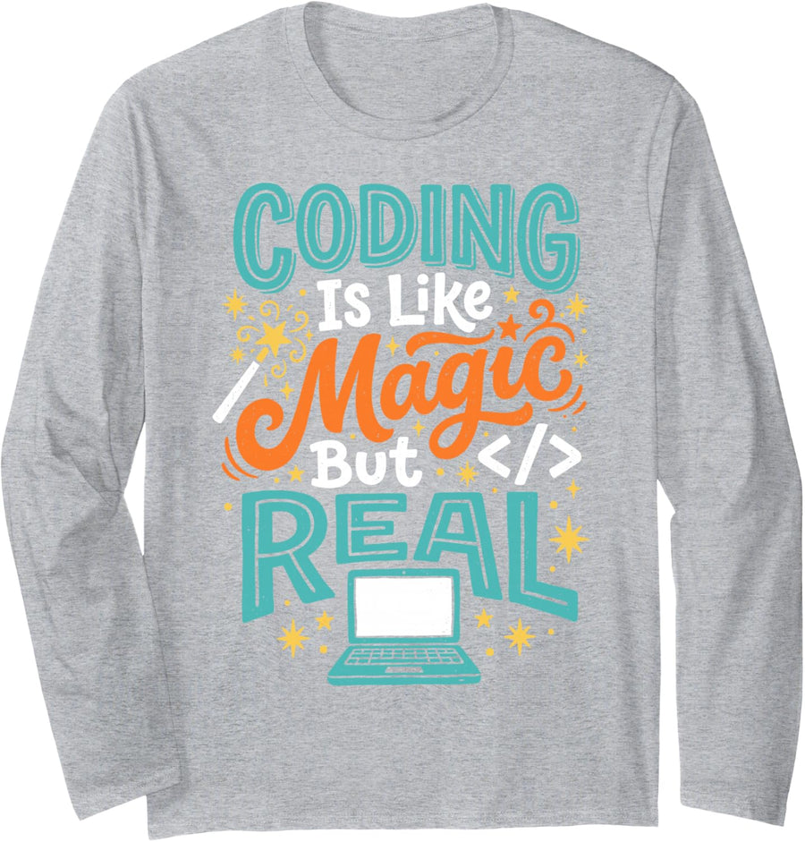 Coding is Magic for Those Who Create Programmer Coder Code Long Sleeve T-Shirt - Adult Unisex Heather Grey