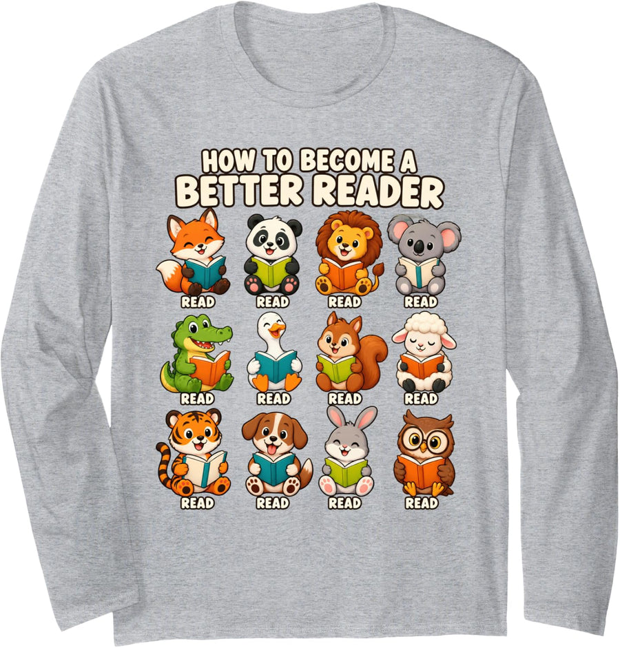 Better Reader Reading Cute Animals Book Lover School Humor Long Sleeve T-Shirt - Adult Unisex Heather Grey