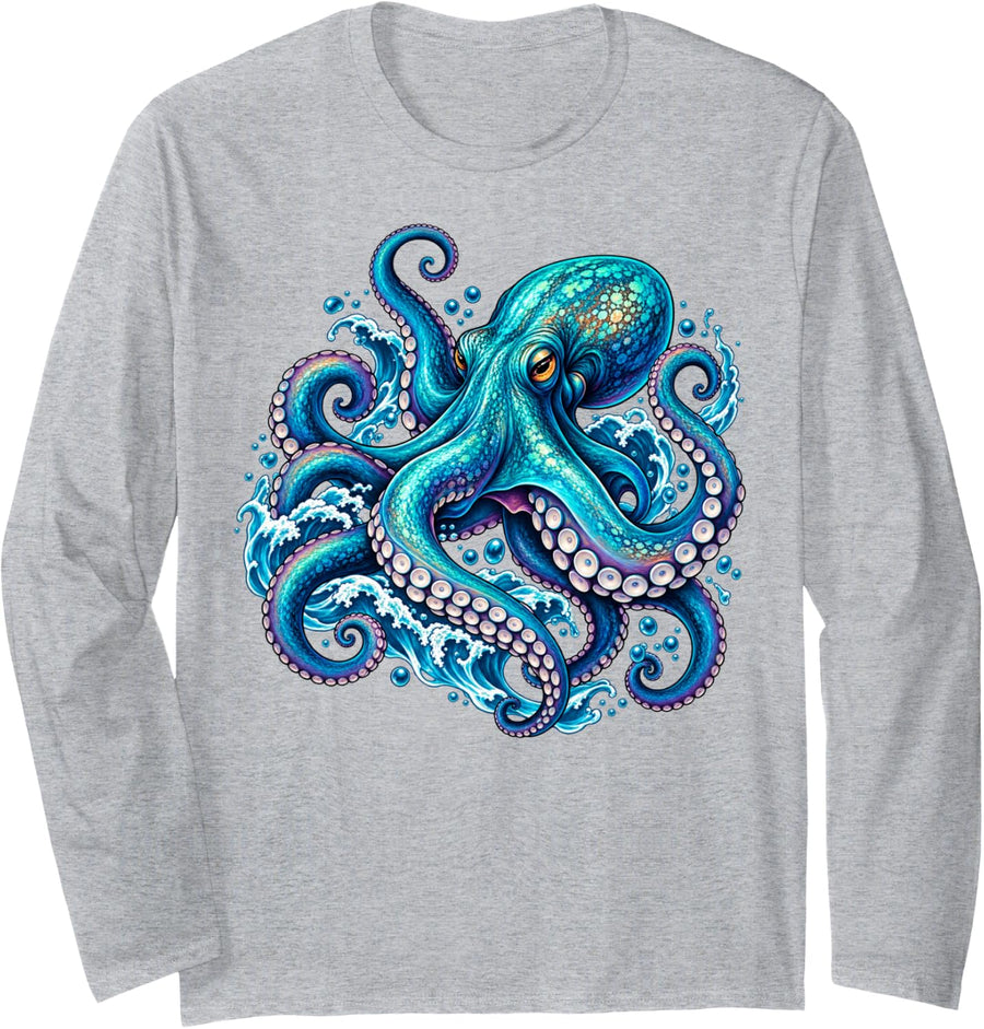 Blue Octopus Ocean Colorful Tentacles Sea Art Long Sleeve T-Shirt - Adult Unisex Heather Grey