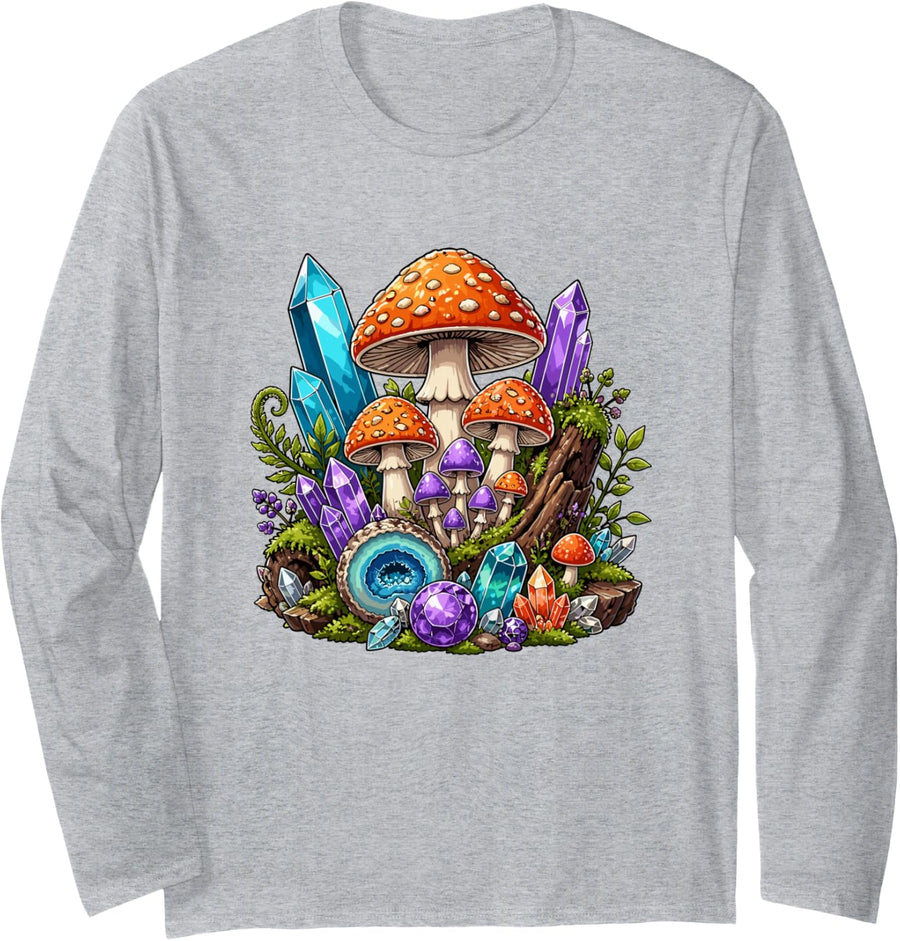 Fantasy Mushroom Crystal Geode Forest Fungi Long Sleeve T-Shirt - Adult Unisex Heather Grey