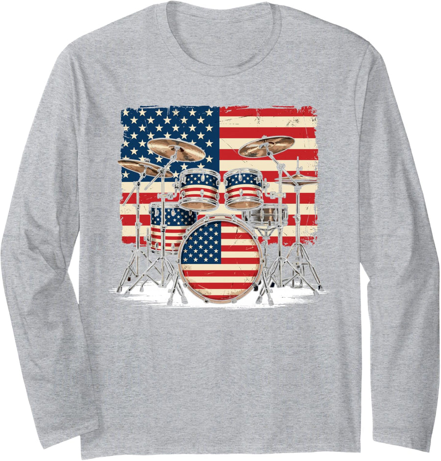 US Flag Play Drums Set Drummer Musician Rock Music Band Long Sleeve T-Shirt - Adult Unisex Heather Grey