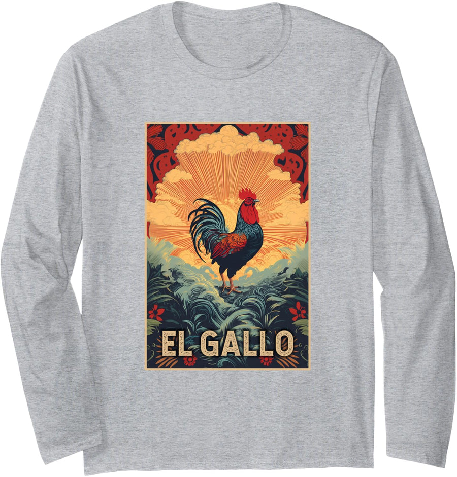 El Gallo Cool Vintage Design of Rooster at Dawn Long Sleeve T-Shirt - Adult Unisex Heather Grey