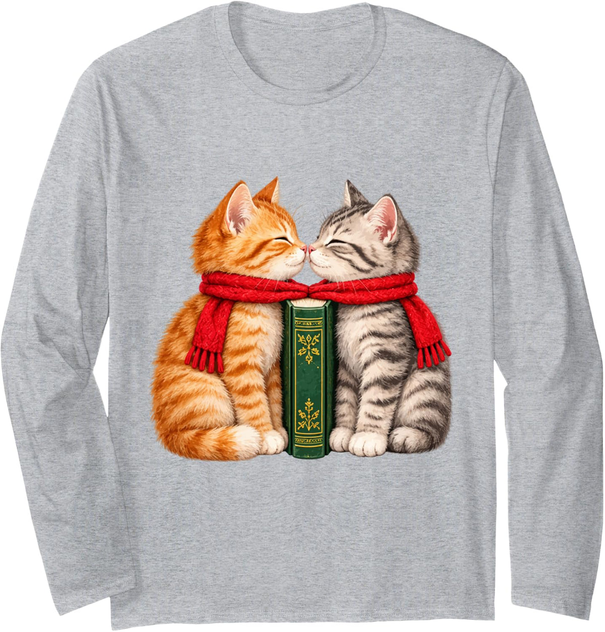 Tabby Cats Kissing with Vintage Christmas Book Cute Kittens Long Sleeve T-Shirt - Adult Unisex Heather Grey