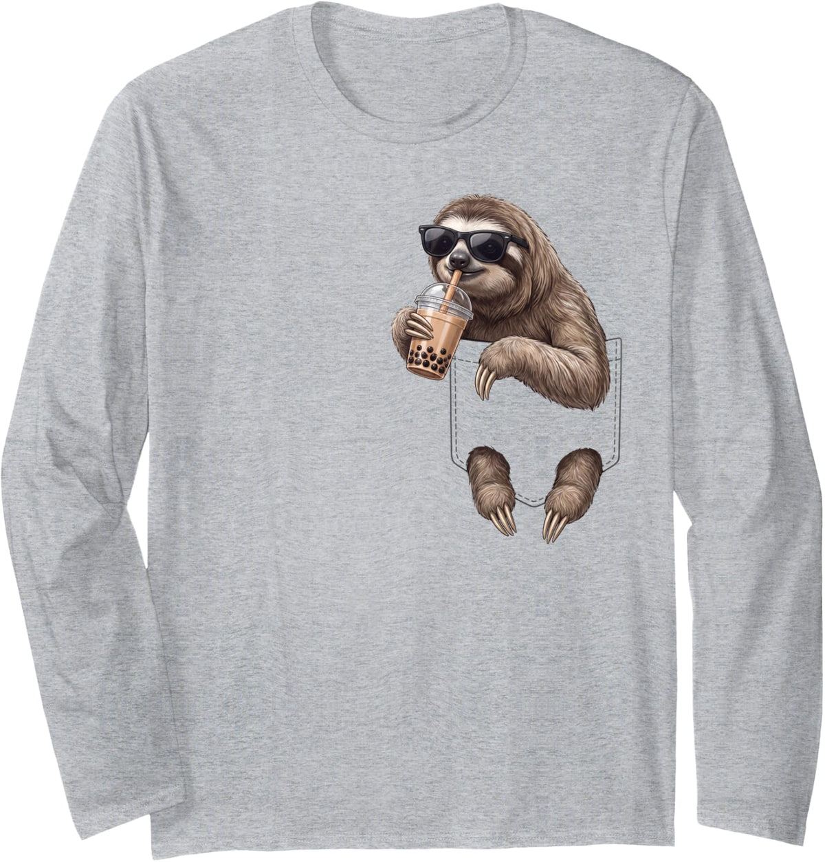 Sloth Pocket Drinking Bubble Tea Boba Tea Lover Long Sleeve T-Shirt - Adult Unisex Heather Grey