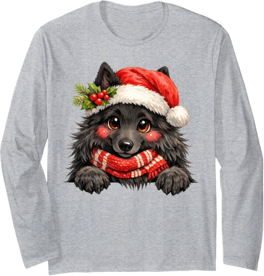 Belgian Sheepdog Dog Christmas Santa Hat Mom Dad Long Sleeve T-Shirt - Adult Unisex Heather Grey