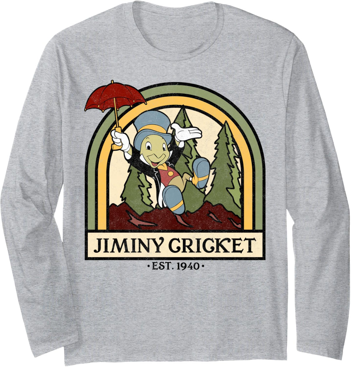 Disney Pinocchio Jiminy Cricket Established 1940 Long Sleeve T-Shirt - Adult Unisex Heather Grey