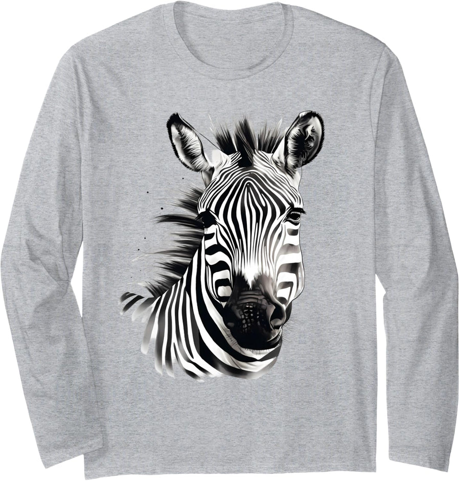 Zebra Animal Print Artwork Drawing Wildlife Nature Safari Long Sleeve T-Shirt - Adult Unisex Heather Grey