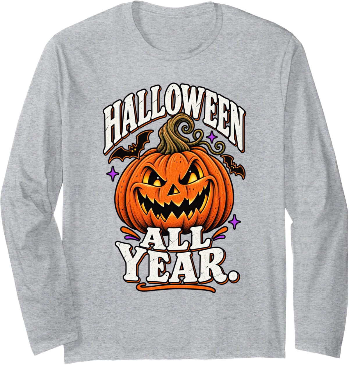 Halloween All Year Jack O Lantern Spooky Season Lover Long Sleeve T-Shirt - Adult Unisex Heather Grey
