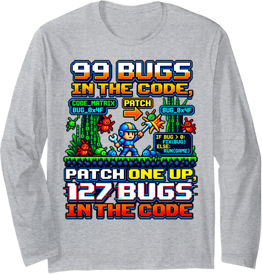 99 Bugs Code Matrix Retro Programmer Debugging Pixel Graphic Long Sleeve T-Shirt - Adult Unisex Heather Grey