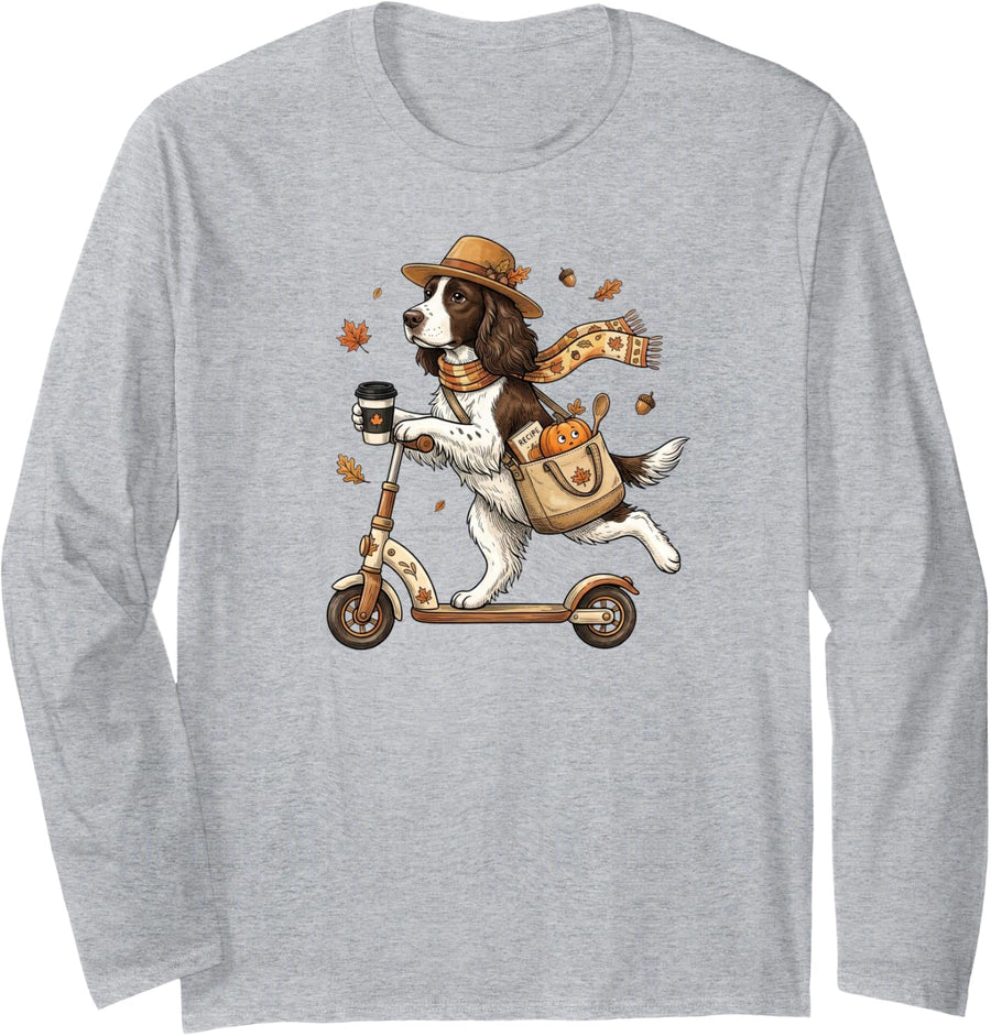 Funny Autumn Scooter English Springer Spaniel Thanksgiving Long Sleeve T-Shirt - Adult Unisex Heather Grey