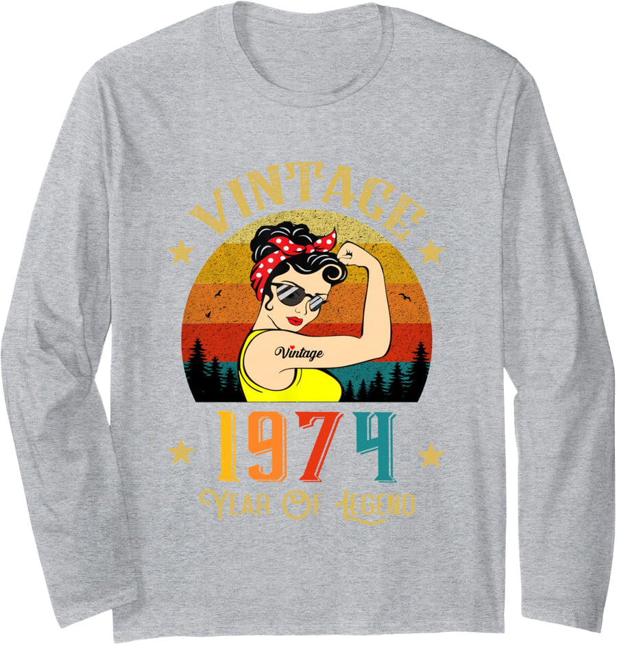 Vintage 1974 Birthday Women 52 Years Old Funny Vintage 1974 Long Sleeve T-Shirt - Adult Unisex Heather Grey