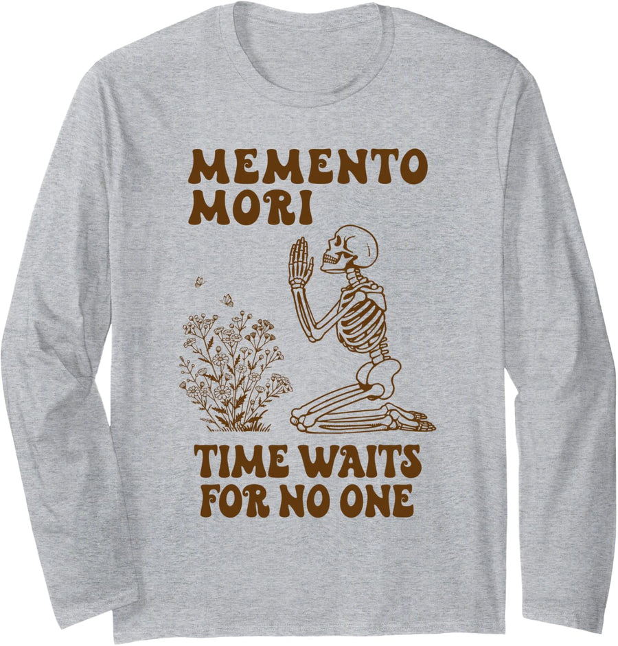 Catholic Religious Memento Mori Time Waits for No One Skull Long Sleeve T-Shirt - Adult Unisex Heather Grey