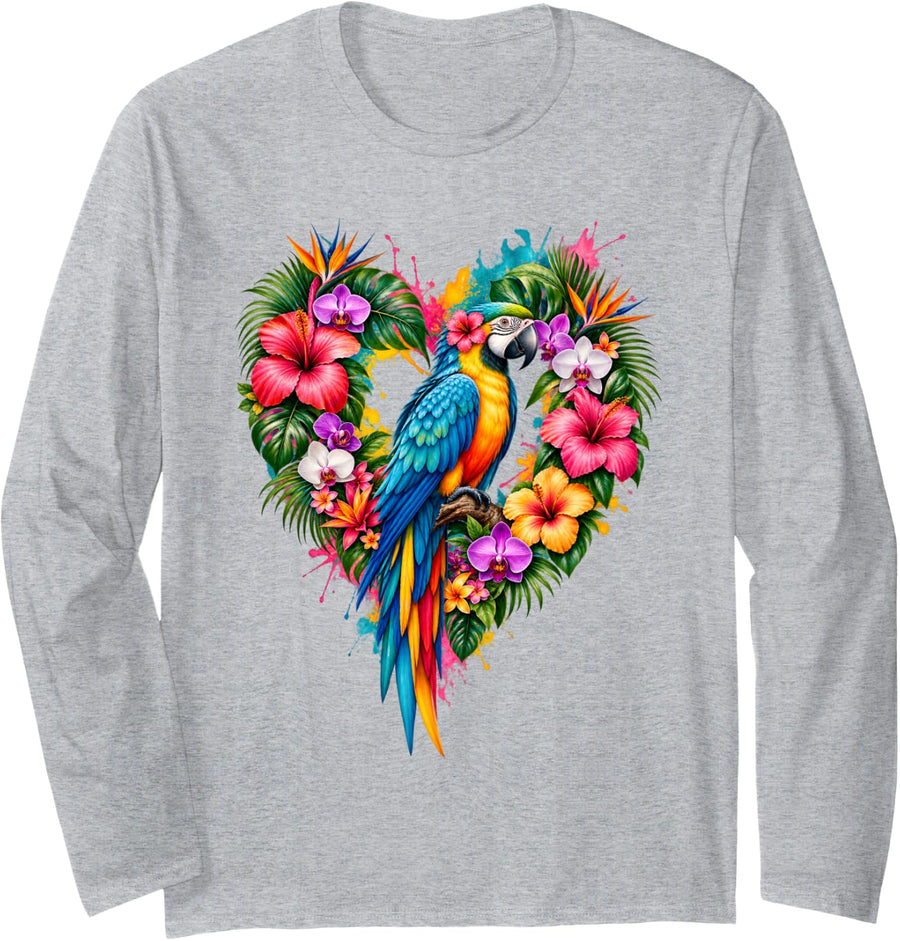Parrot Heart Shape Colorful Macaw Tropical Bird Long Sleeve T-Shirt - Adult Unisex Heather Grey