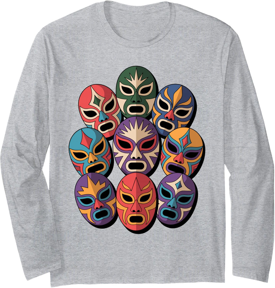 Mexican Lucha Libre Costume for Men Women Kids Lucha Libre Long Sleeve T-Shirt - Adult Unisex Heather Grey
