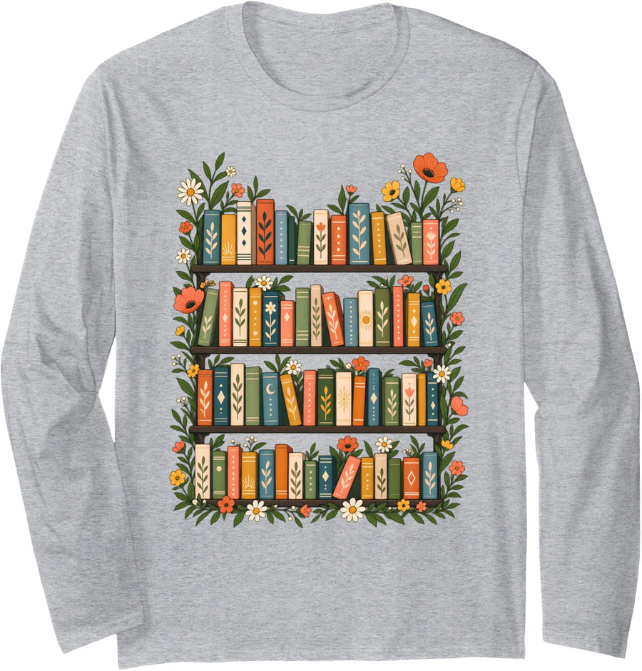 Bookshelf Floral Reading Book Lover Library Botanical Decor Long Sleeve T-Shirt - Adult Unisex Heather Grey
