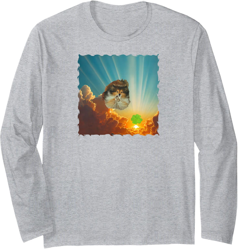 Beautiful Shetland Sheepdog Jumping Through the Clouds Long Sleeve T-Shirt - Adult Unisex Heather Grey