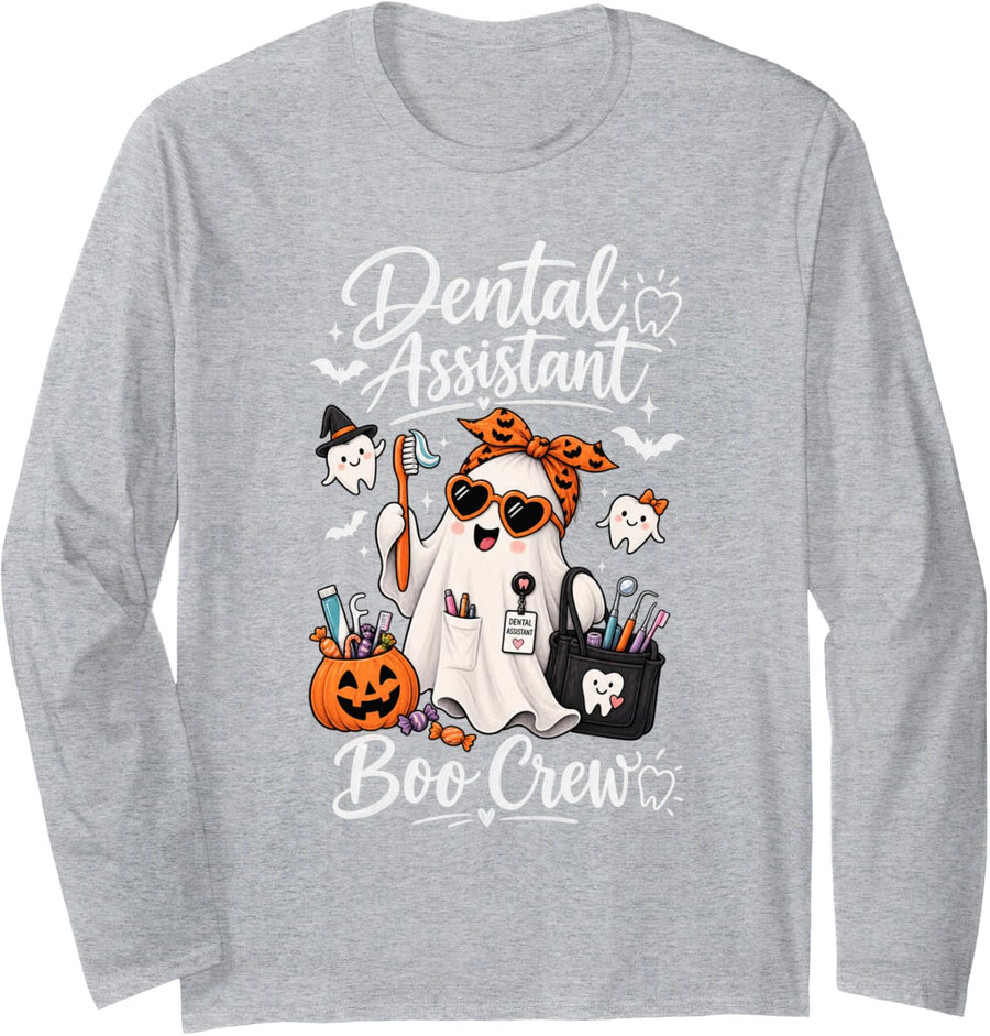 Dental Assistant Boo Crew Funny Halloween Ghost Long Sleeve T-Shirt - Adult Unisex Heather Grey