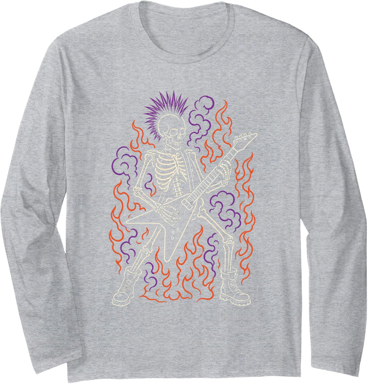 Halloween Punk Skeleton Mohawk Guitar Flames Line Art Long Sleeve T-Shirt - Adult Unisex Heather Grey