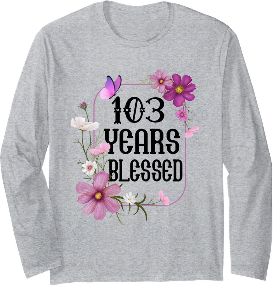 Turning 103 Birthday Butterfly with Floral 103rd Birthday Long Sleeve T-Shirt - Adult Unisex Heather Grey