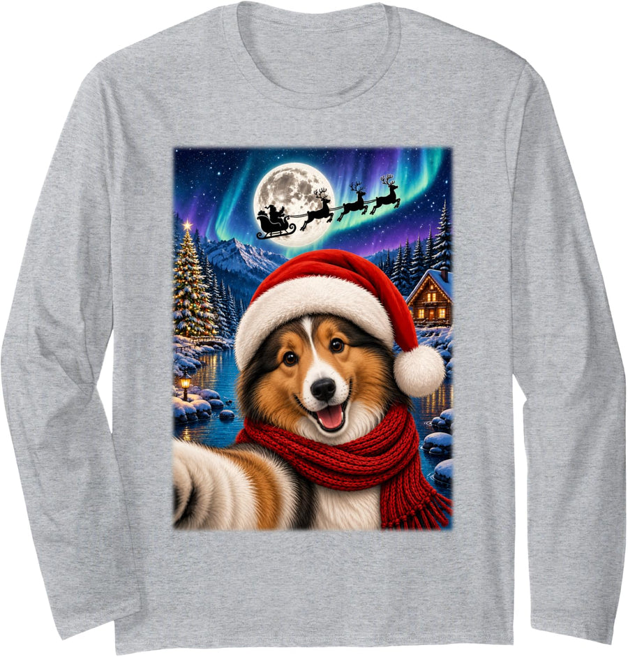 Shetland Sheepdog Christmas Moon Night Santa Sleigh Xmas Long Sleeve T-Shirt - Adult Unisex Heather Grey