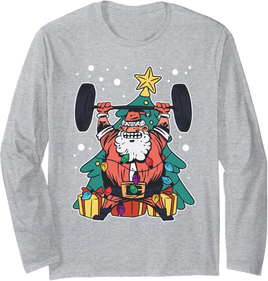 Santa Claus Weightlifting Merry Christmas Fitness Gym Xmas Long Sleeve T-Shirt - Adult Unisex Heather Grey