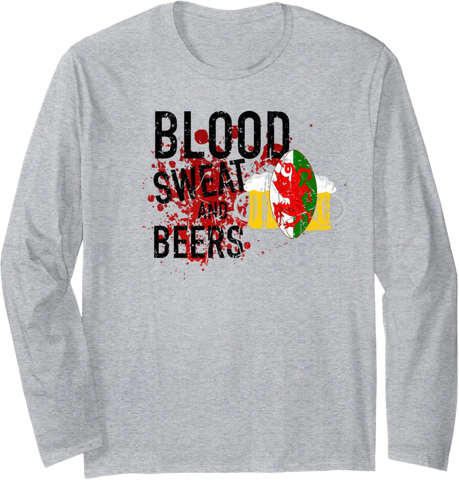 Welsh Rugby Fan Funny Blood Sweat and Beers Wales Rugby Ball Long Sleeve T-Shirt - Adult Unisex Heather Grey