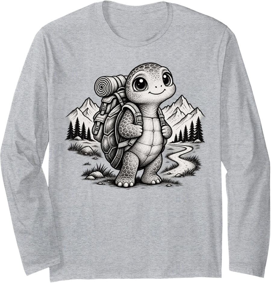 Hiking Lover Humor Outdoor Backpacking Trail Turtle Hiker Long Sleeve T-Shirt - Adult Unisex Heather Grey