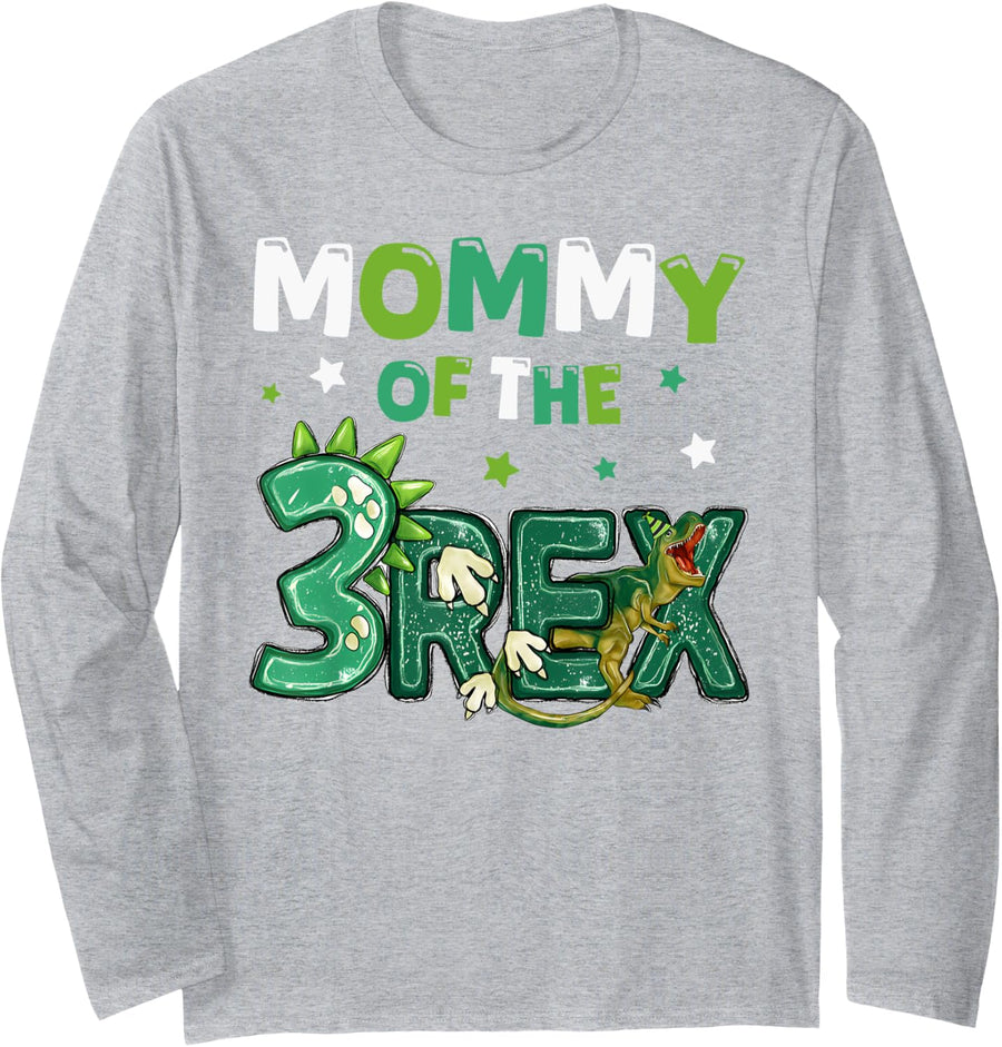 Mommy of the Three Rex Birthday Dinosaur Family Matching Long Sleeve T-Shirt - Adult Unisex Heather Grey