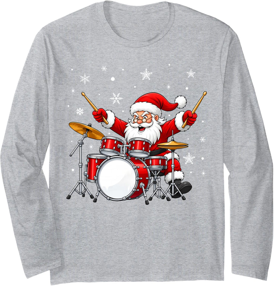 Funny Santa Playing Drum Drummer Christmas Long Sleeve T-Shirt - Adult Unisex Heather Grey