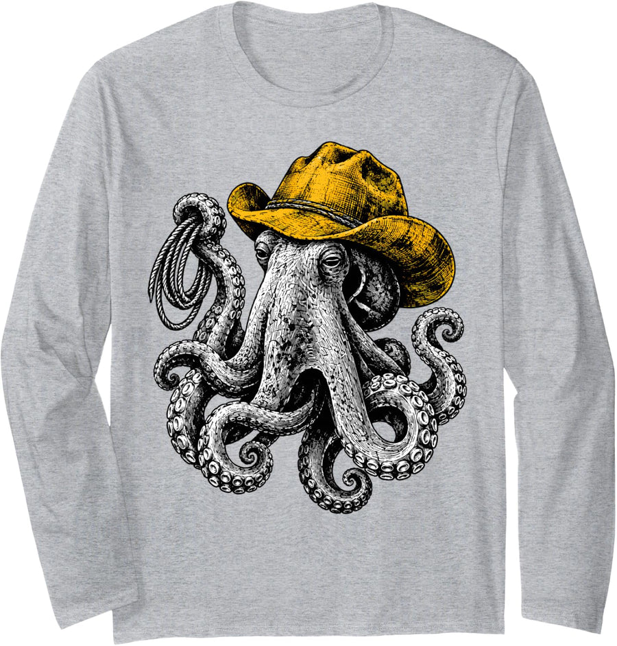 Cowboy Octopus Western Ranch Rodeo Sea Creature Long Sleeve T-Shirt - Adult Unisex Heather Grey
