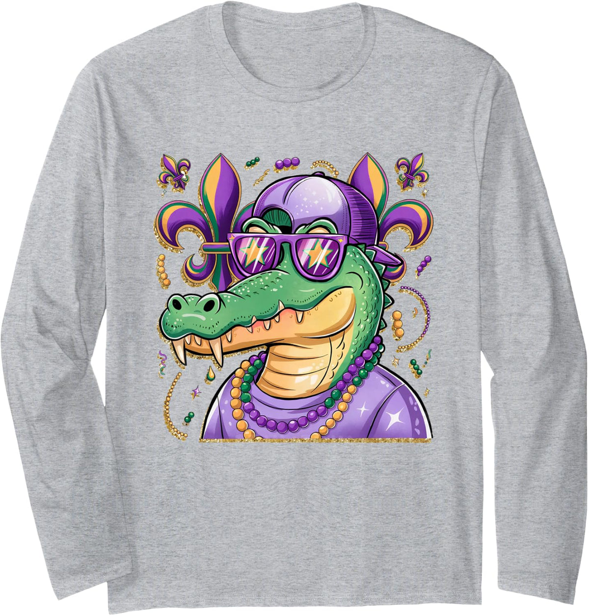 Mr Gator Mardi Gras Vibes Louisiana Crocodile Mardi Gras Long Sleeve T-Shirt - Adult Unisex Heather Grey