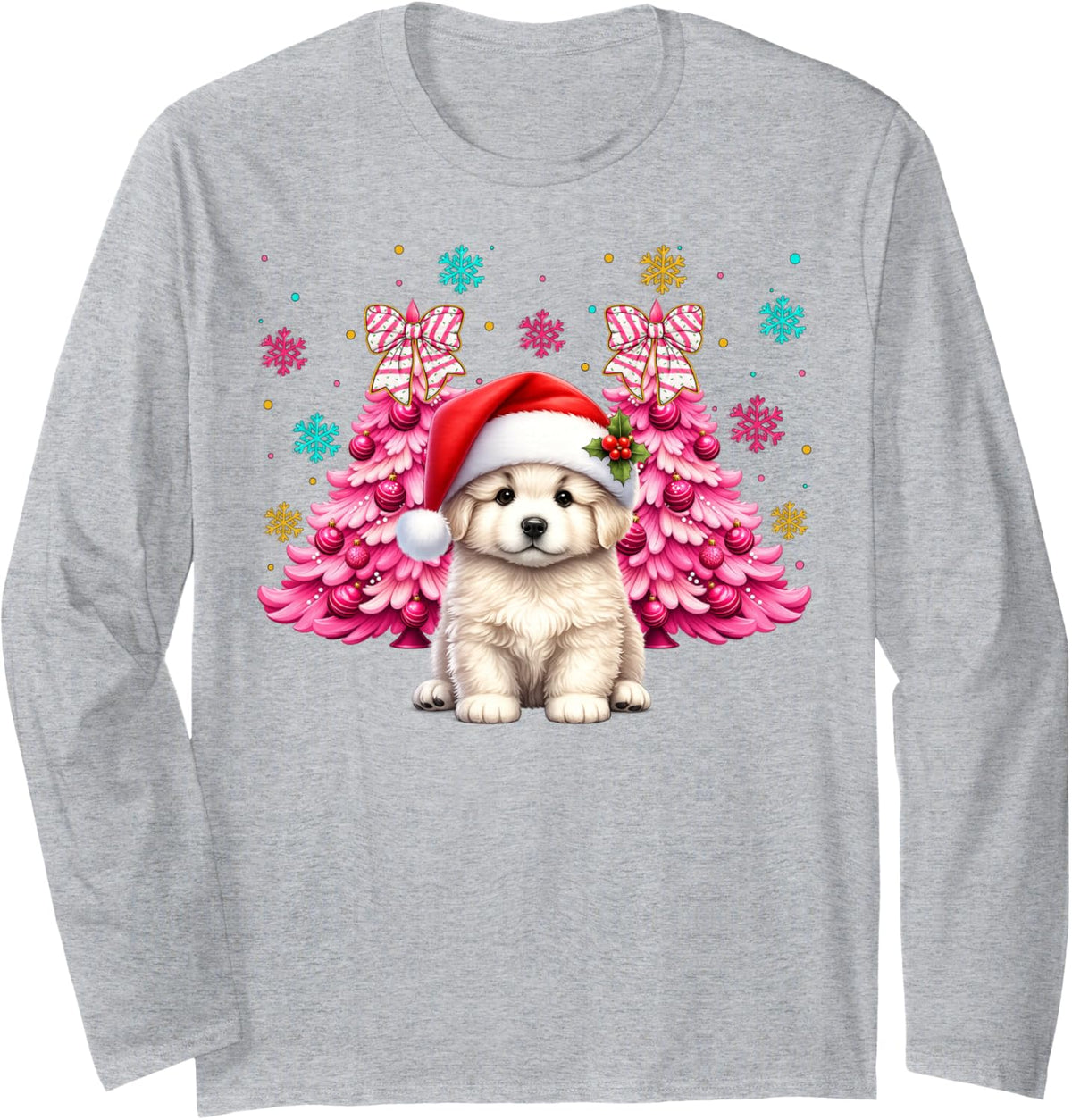 Santa Hat Great Pyrenees Christmas Puppy Dog Xmas Boys Girls Long Sleeve T-Shirt - Adult Unisex Heather Grey