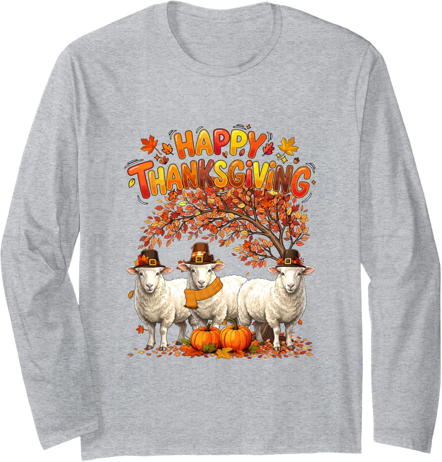 Three Cute Sheeps Under Fall Tree Thanksgiving Pilgrim Long Sleeve T-Shirt - Adult Unisex Heather Grey