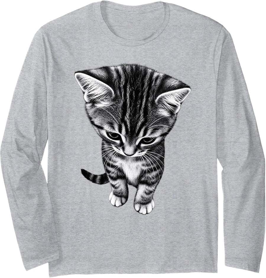 Cute Tabby Kitten Looking Down Pet Cat Lover Kitty Long Sleeve T-Shirt - Adult Unisex Heather Grey