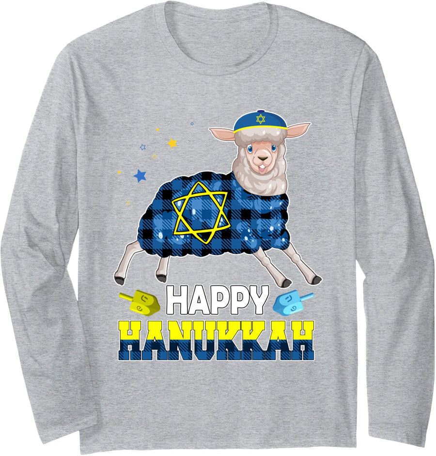 Happy Hanukkah Sheep Costume Dreidels Zoo Animal Lover Long Sleeve T-Shirt - Adult Unisex Heather Grey