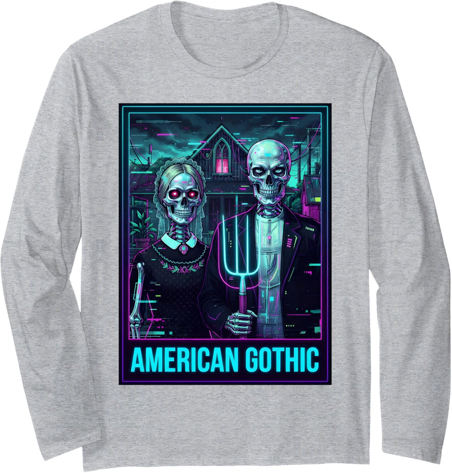 American Gothic Skeleton Skull Couple Horror Art Cyber Long Sleeve T-Shirt - Adult Unisex Heather Grey