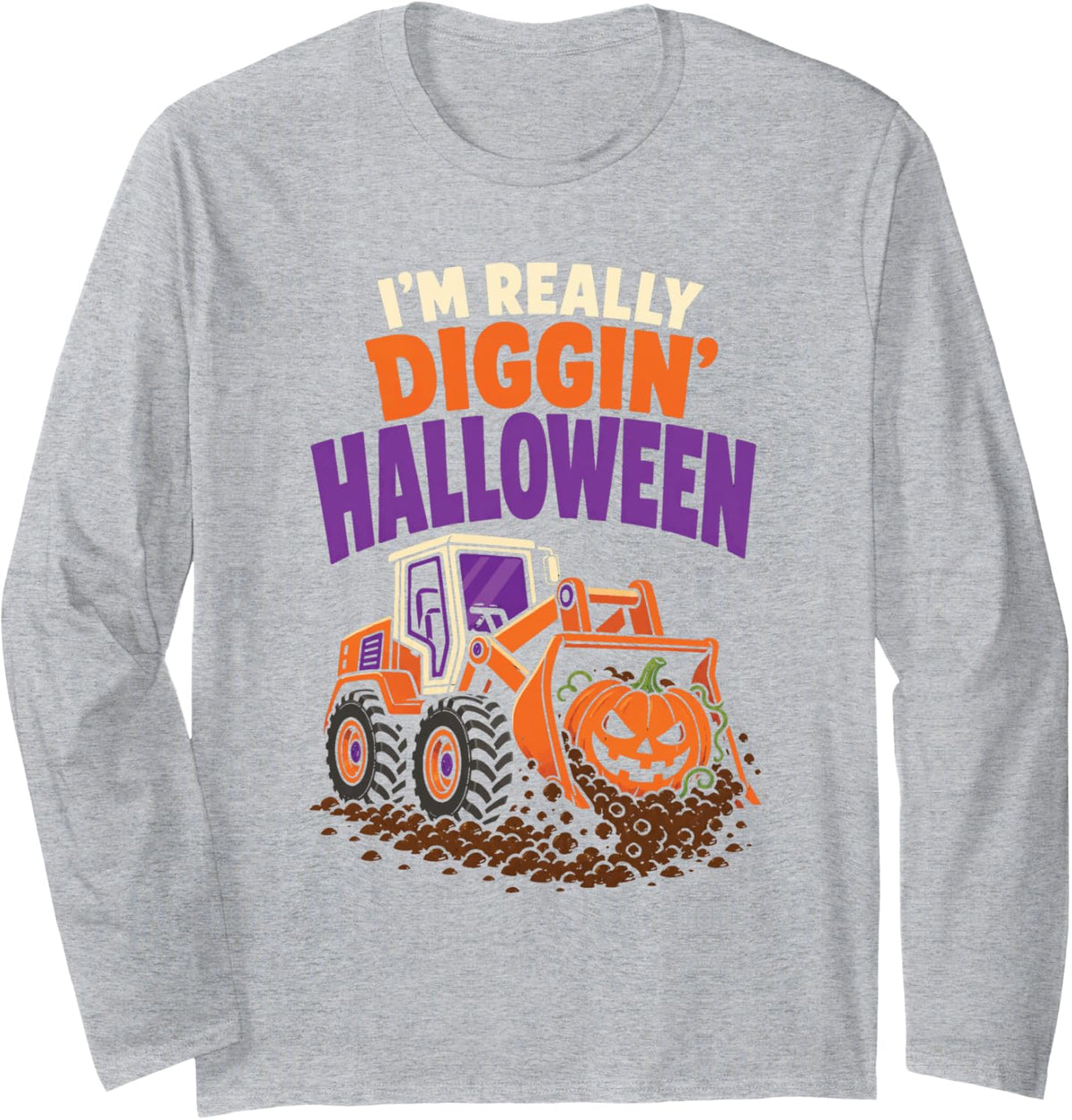 Halloween Construction Truck Digging Front Loader Pumpkin Long Sleeve T-Shirt - Adult Unisex Heather Grey