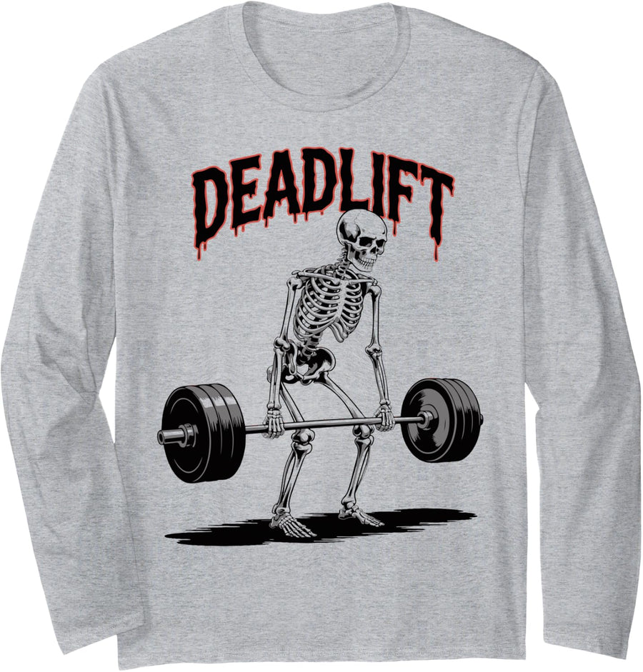 Deadlift Skull Skeleton Workout Powerlifting Gym Lovers Long Sleeve T-Shirt - Adult Unisex Heather Grey