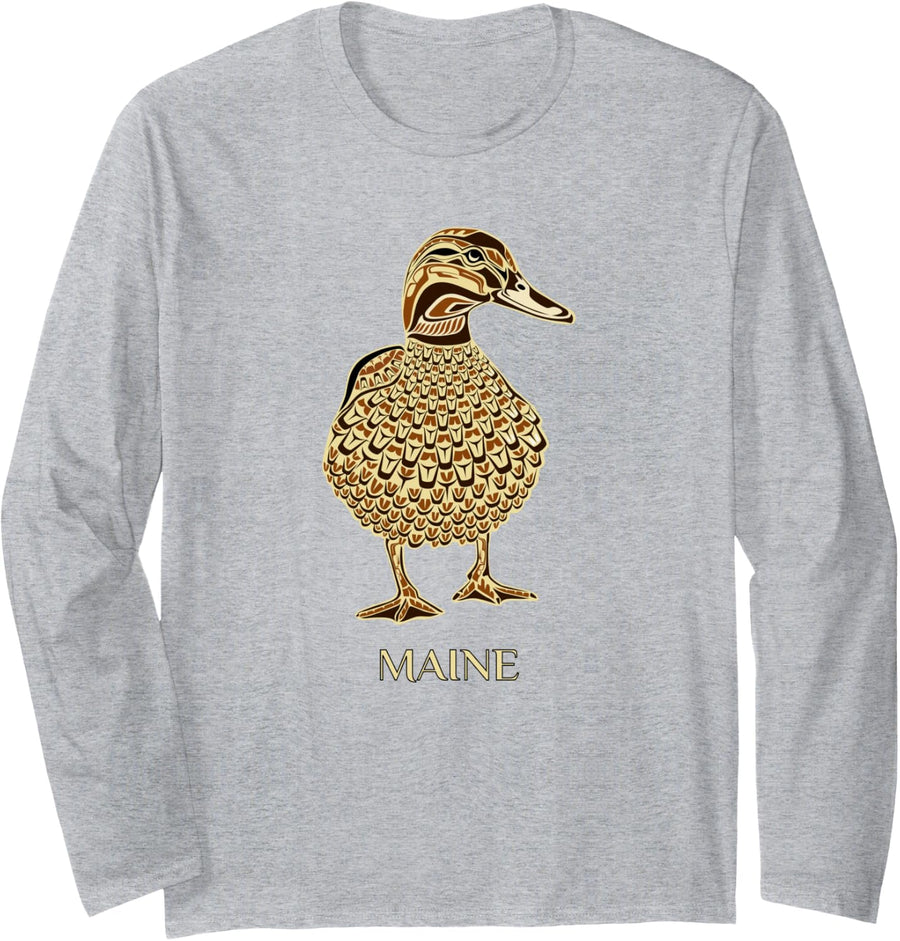 Maine Native American Mallard Duck Birdwatching Long Sleeve T-Shirt - Adult Unisex Heather Grey