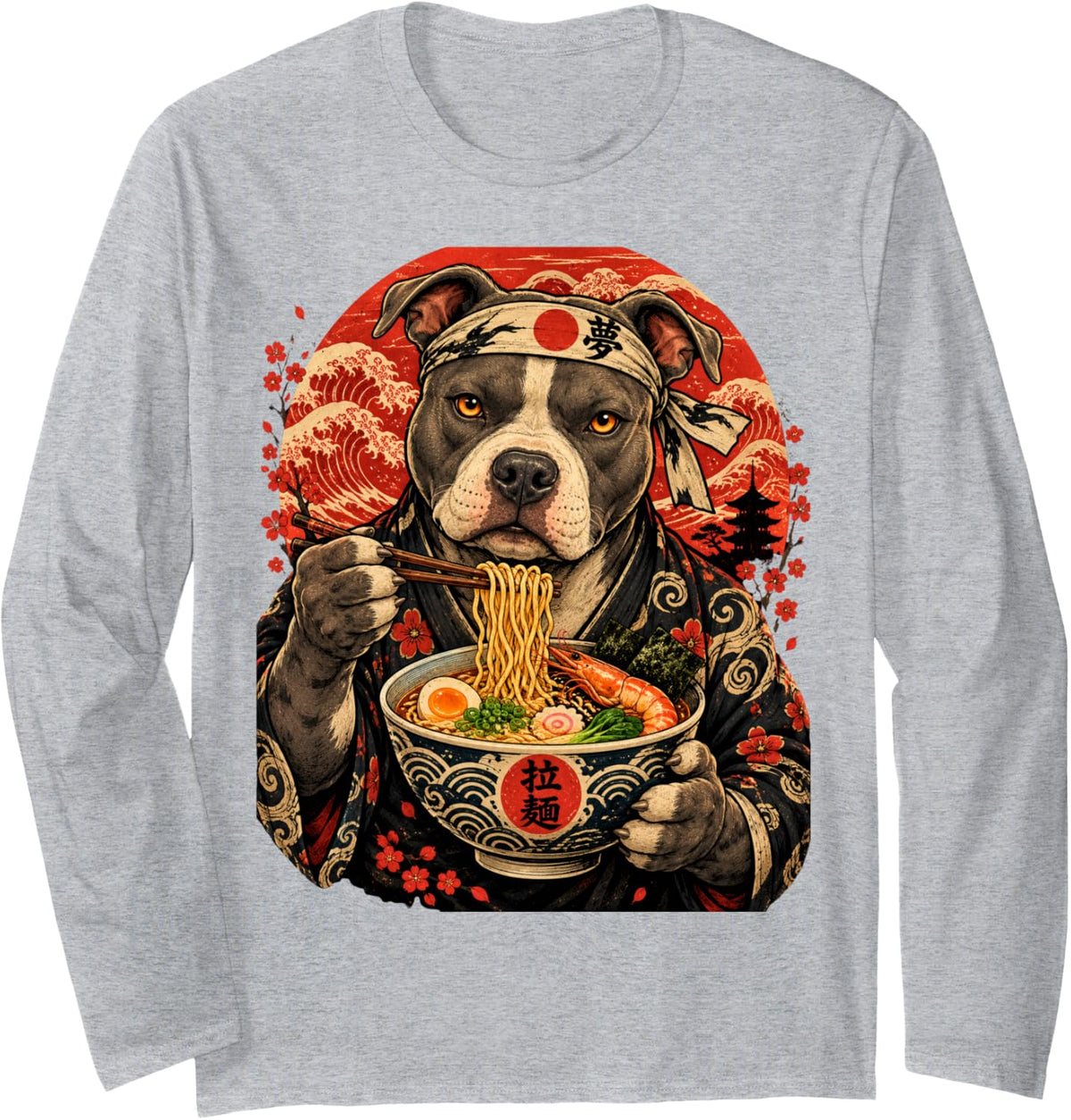 Love Pitbulls Dog Lovers Ramen Japanese Kawaii Anime Pitbull Long Sleeve T-Shirt - Adult Unisex Heather Grey