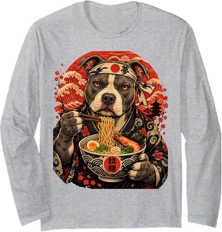 Love Pitbulls Dog Lovers Ramen Japanese Kawaii Anime Pitbull Long Sleeve T-Shirt - Adult Unisex Heather Grey