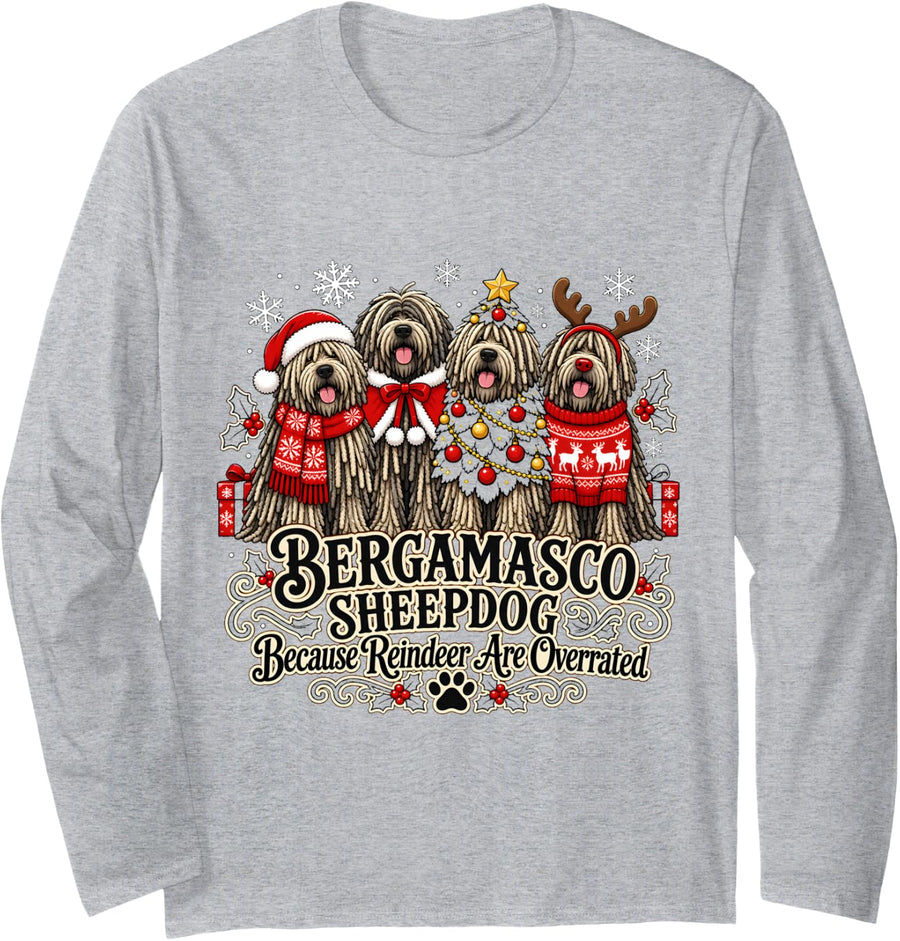 Bergamasco Sheepdog Christmas Holiday Fun Long Sleeve T-Shirt - Adult Unisex Heather Grey