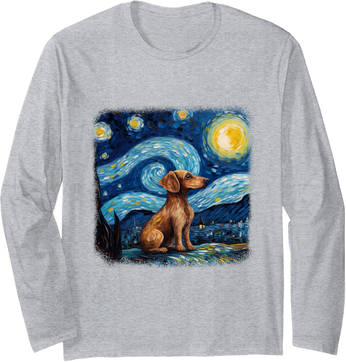 Dog in starry night van gogh Dachshund Long Sleeve T-Shirt - Adult Unisex Heather Grey