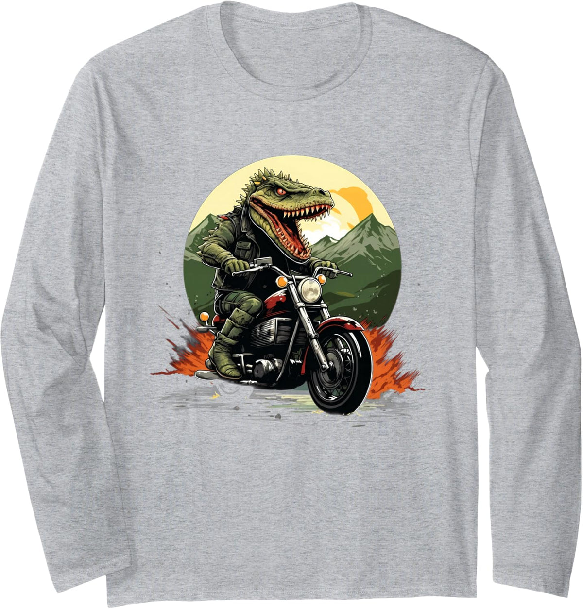 Biker Crocodile Riding Motorcycle Long Sleeve T-Shirt - Adult Unisex Heather Grey
