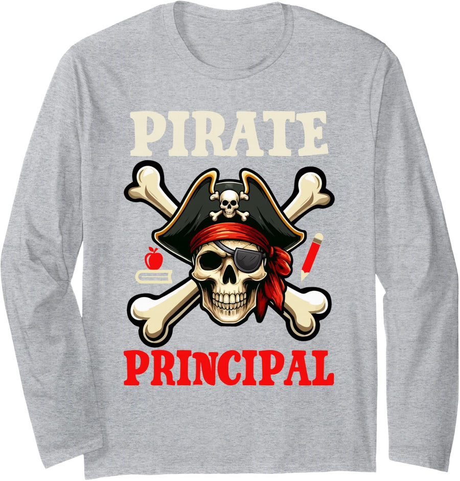 Pirate Principal Costume Skull Horror Pirate Funny Job Team Long Sleeve T-Shirt - Adult Unisex Heather Grey