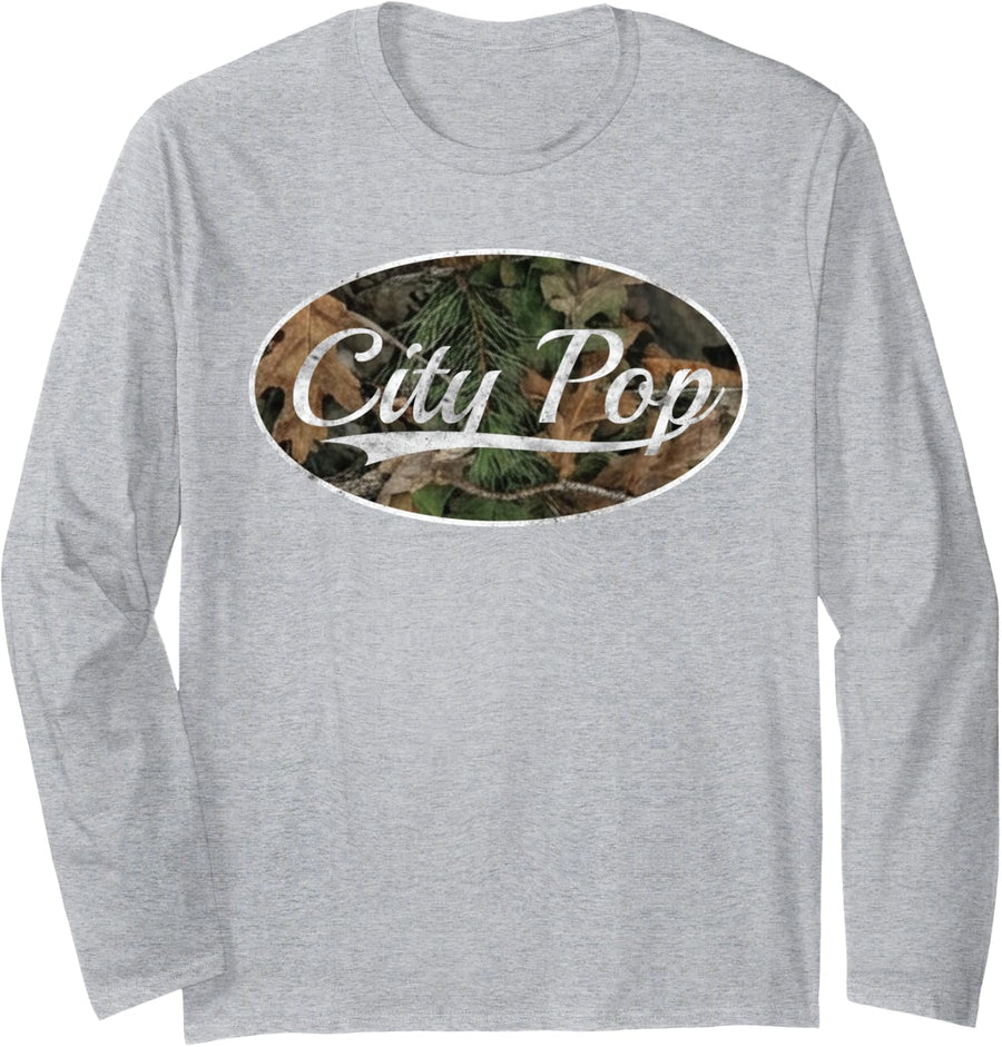 City Pop Camo Vintage Inspired Throwback Aesthetic Long Sleeve T-Shirt - Adult Unisex Heather Grey