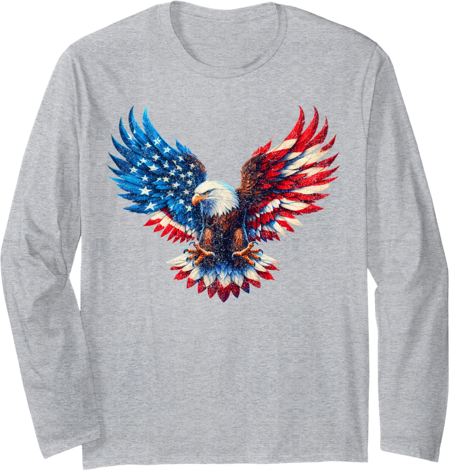 American Flag Bald Eagle Patriotic Eagle 4th of July USA Long Sleeve T-Shirt - Adult Unisex Heather Grey