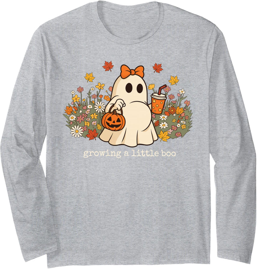 Flower Pregnancy Announcement Halloween Growing A Little Boo Long Sleeve T-Shirt - Adult Unisex Heather Grey