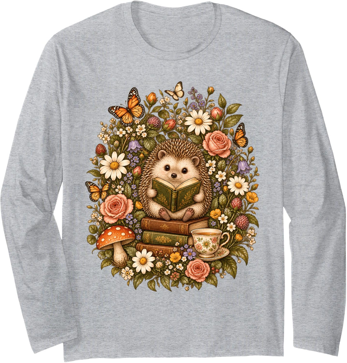 Hedgehog Reading Book Lover Floral Garden Library Reader Long Sleeve T-Shirt - Adult Unisex Heather Grey