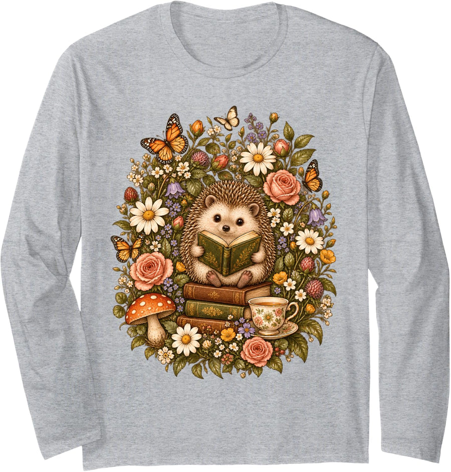 Hedgehog Reading Book Lover Floral Garden Library Reader Long Sleeve T-Shirt - Adult Unisex Heather Grey